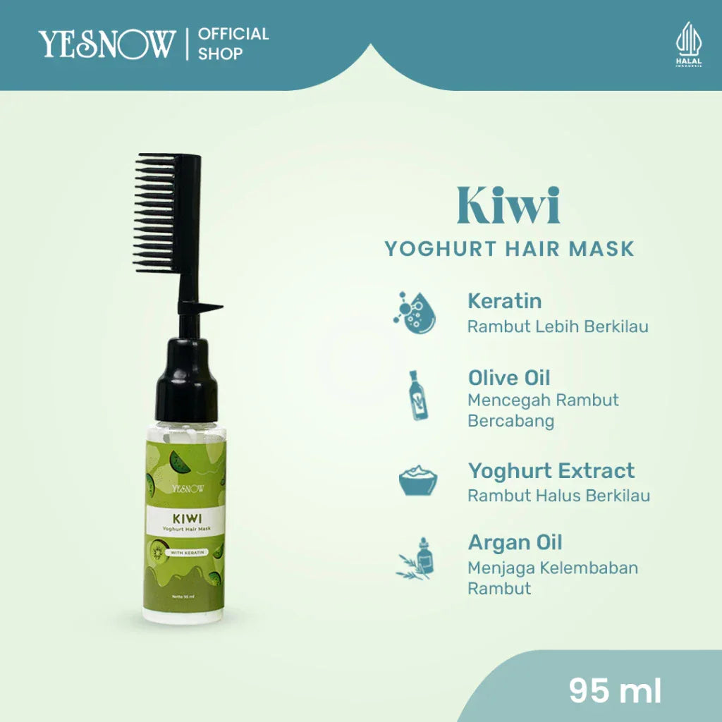 Kiwi yogurt hair mask bottle with comb applicator, 95ml, featuring keratin, olive oil, yoghurt extract, argan oil benefits.