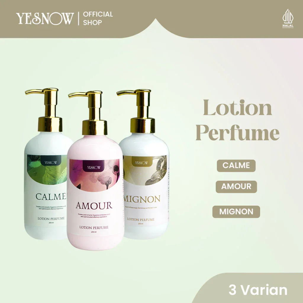 Three lotion perfume bottles with gold pumps, labeled Calme, Amour, Mignon, on light background.