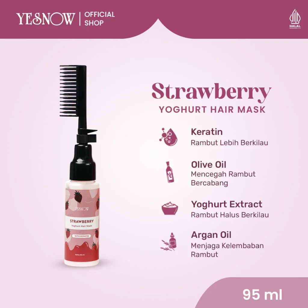 Strawberry yoghurt hair mask with comb applicator, featuring keratin, olive oil, yoghurt extract, argan oil; 95 ml bottle.