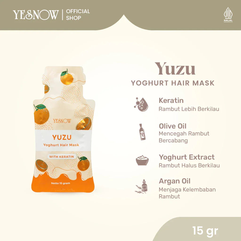 Yuzu yoghurt hair mask sachet with keratin, olive oil, yoghurt extract, and argan oil, 15g
