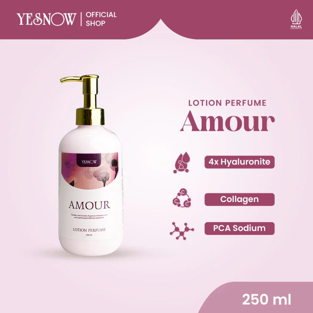 Amour lotion perfume bottle with pump, 250ml, features hyaluronite, collagen, PCA sodium.