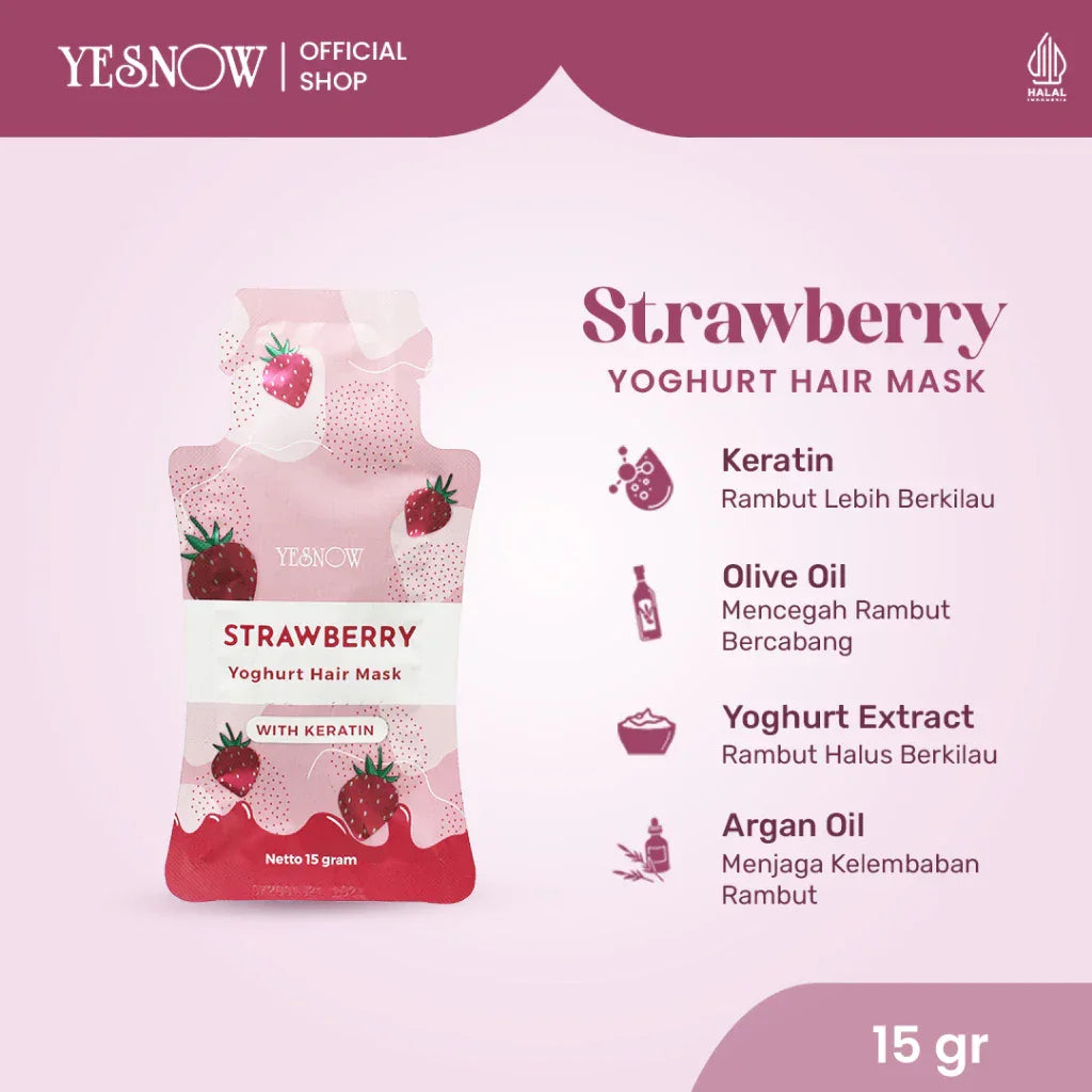 Strawberry yoghurt hair mask sachet with keratin, 15g, featuring strawberry design and key ingredients list.