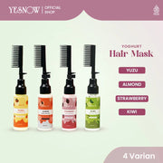 Yoghurt hair mask bottles in yuzu, almond, strawberry, and kiwi variants with built-in comb applicators.