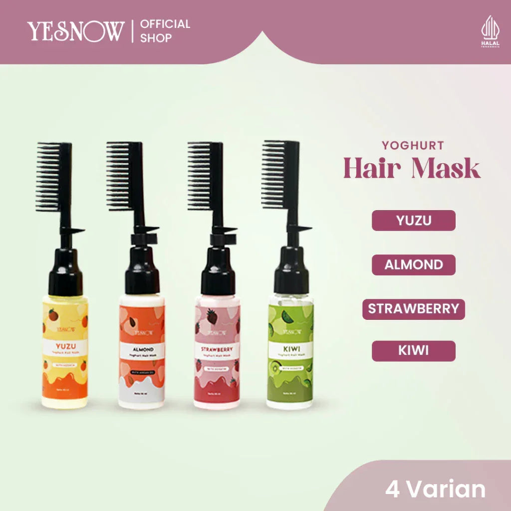 Yoghurt hair mask bottles in yuzu, almond, strawberry, and kiwi variants with built-in comb applicators.