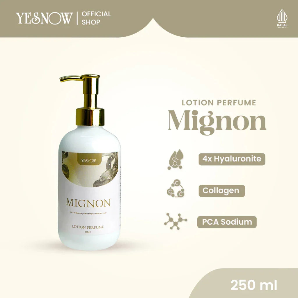Mignon Lotion Perfume bottle with gold pump, 250ml, features hyaluronate, collagen, PCA sodium.