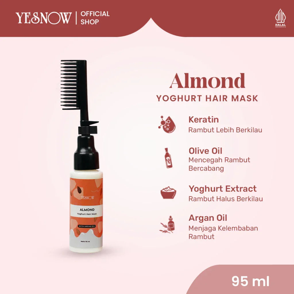 Almond yoghurt hair mask bottle with comb applicator, 95ml, featured ingredients listed beside it
