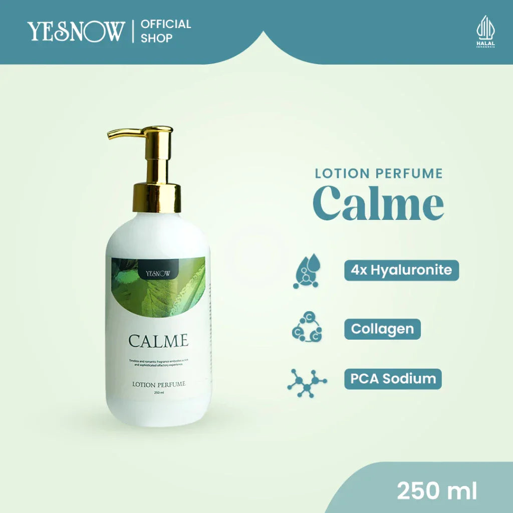 Calme lotion perfume bottle with gold pump, 4x hyaluronite, collagen, PCA sodium, 250ml