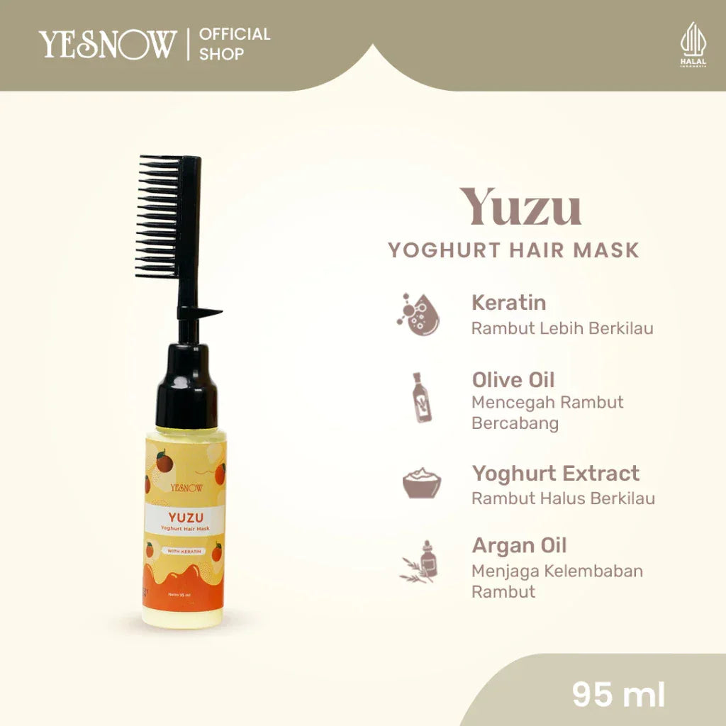 Yuzu yoghurt hair mask bottle with comb applicator, labeled ingredients keratin, olive oil, yoghurt extract, argan oil, 95ml.
