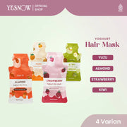 Yoghurt hair mask sachets in almond, yuzu, strawberry, and kiwi variants displayed upright.