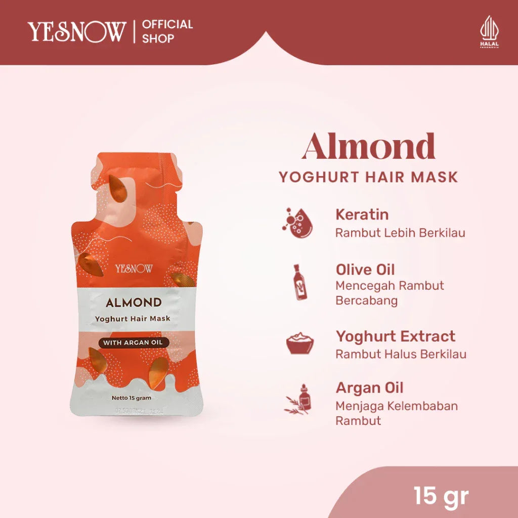 Almond yoghurt hair mask sachet with argan oil, keratin, olive oil, and yoghurt extract, 15g.
